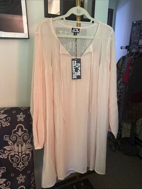 Future Collective Light Pink Long Sleeve Tie-Neck Dress